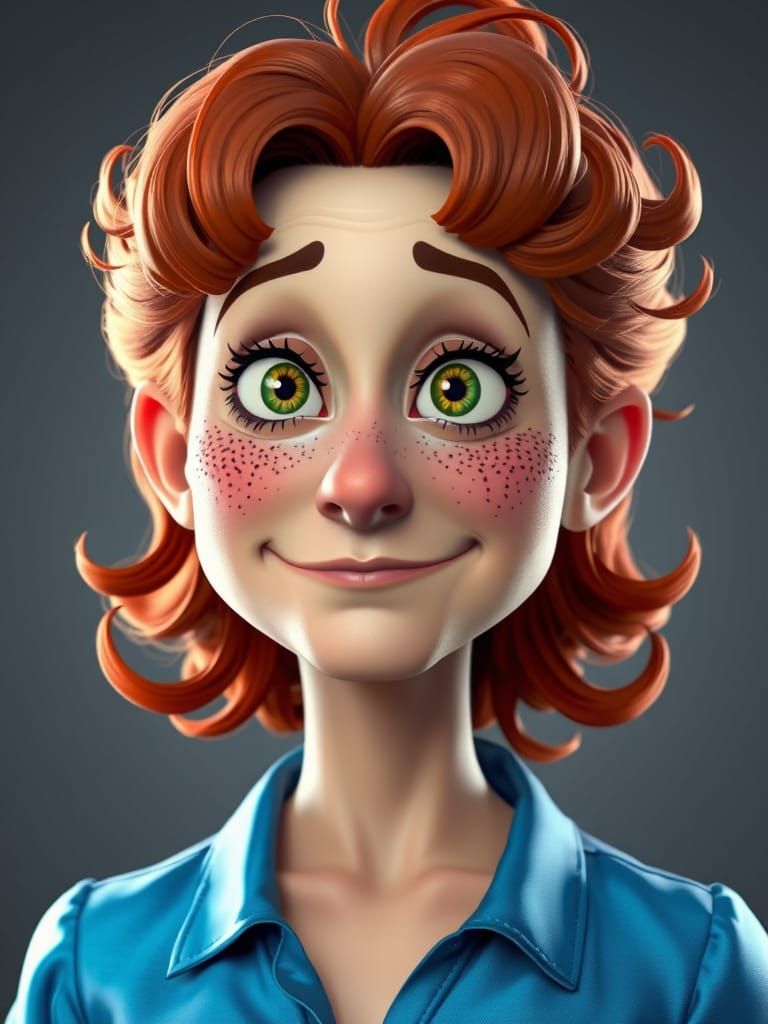 Vibrant Cartoon Woman with Red Hair and Green Eyes