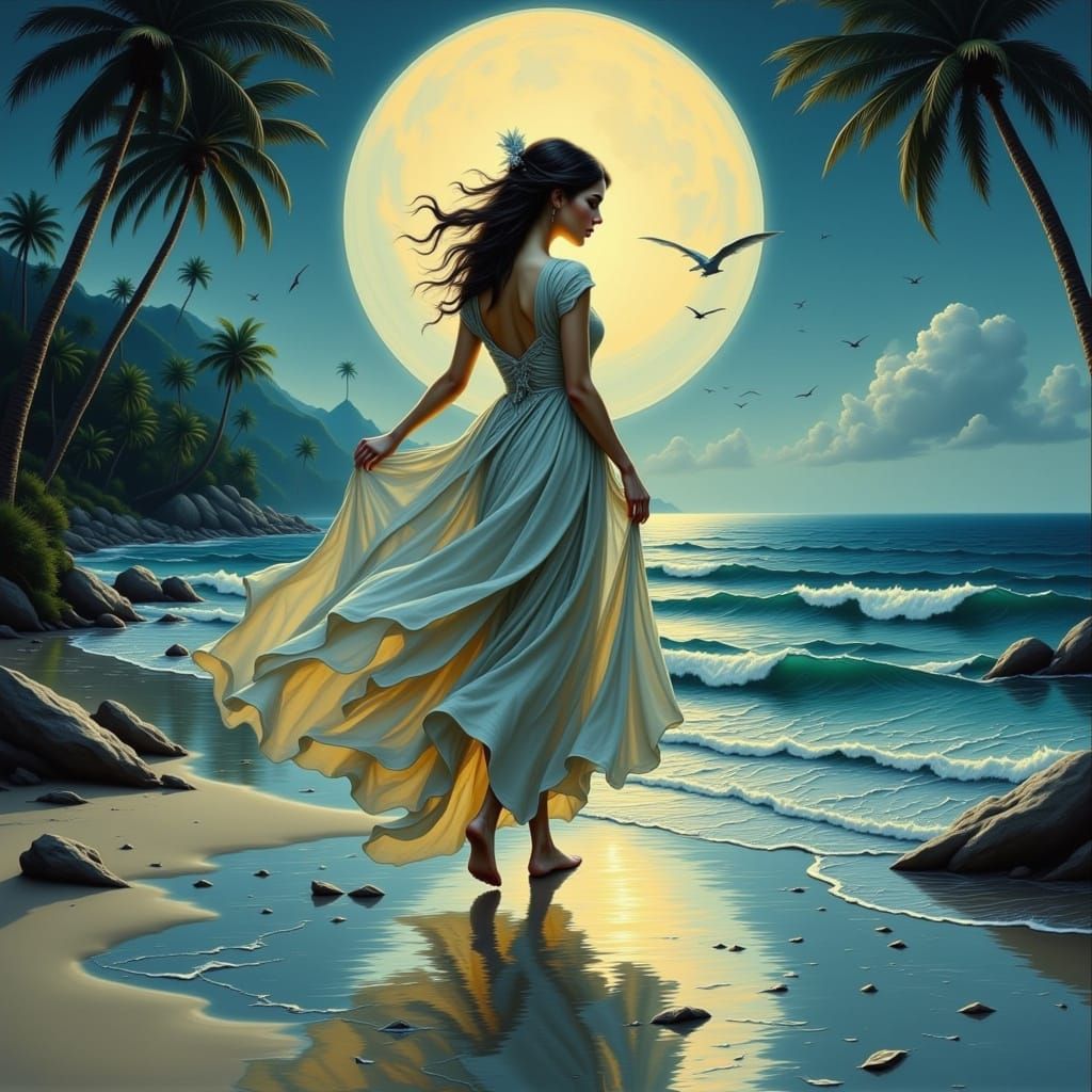 Elegant Woman on Moonlit Beach in Mucha Style