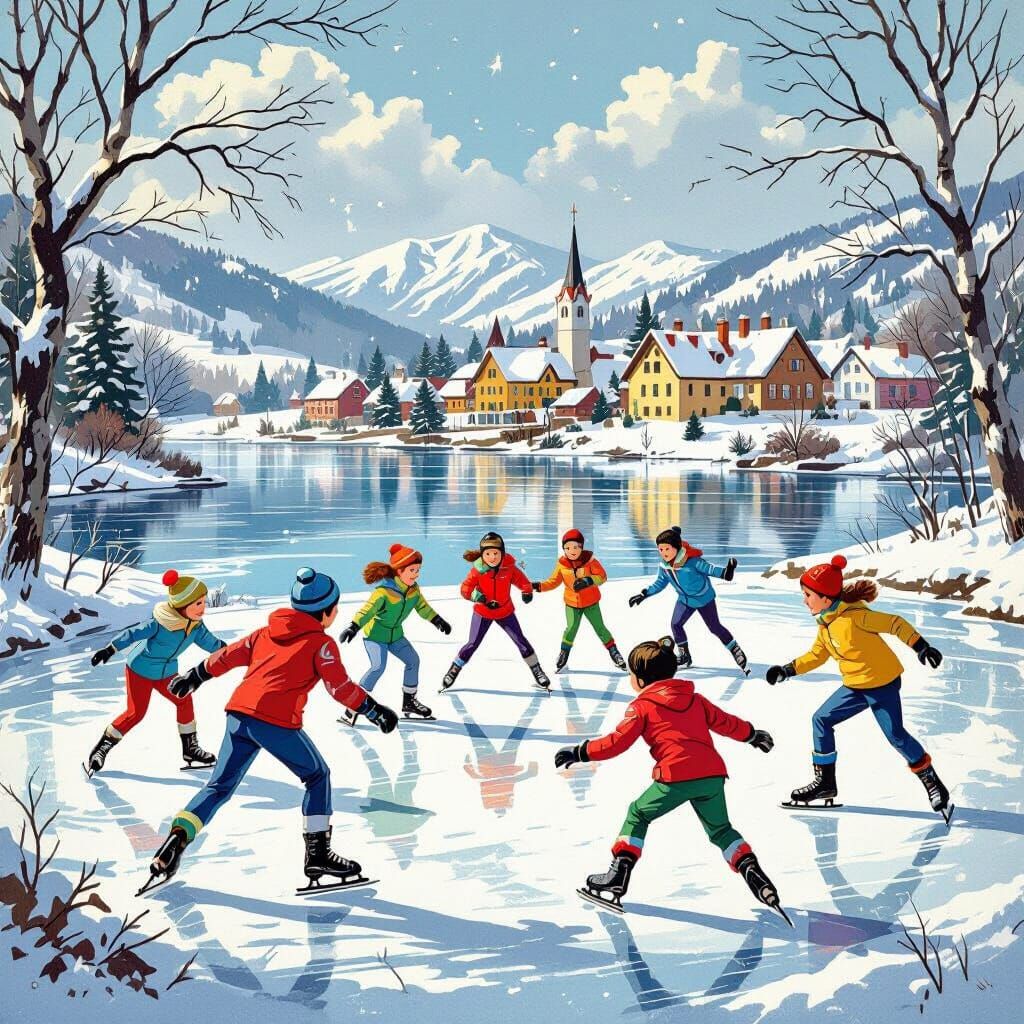 Children Skating on Frozen Lake in 1950s Village Comic Style