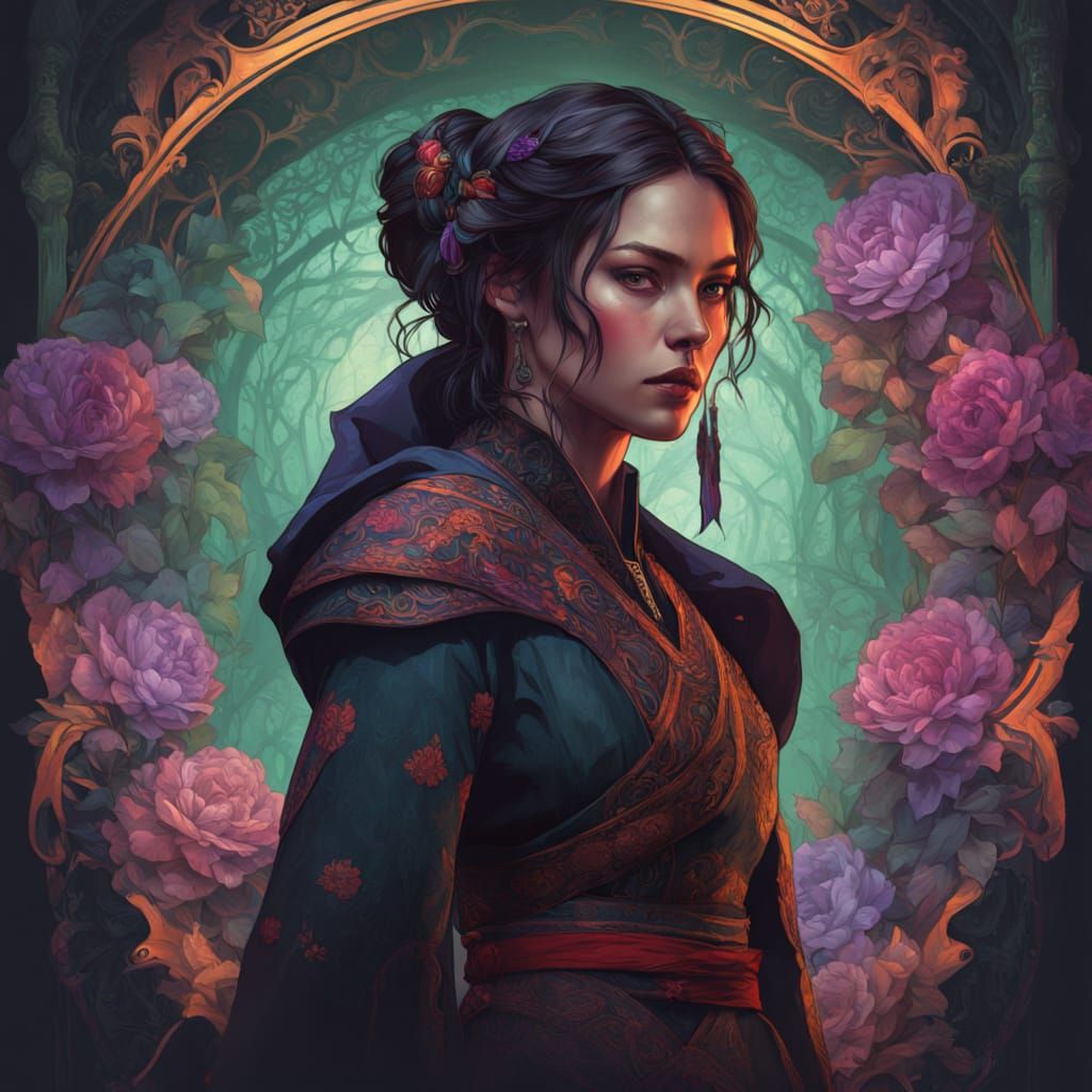 Gothic Lara Croft in Hanbok Attire