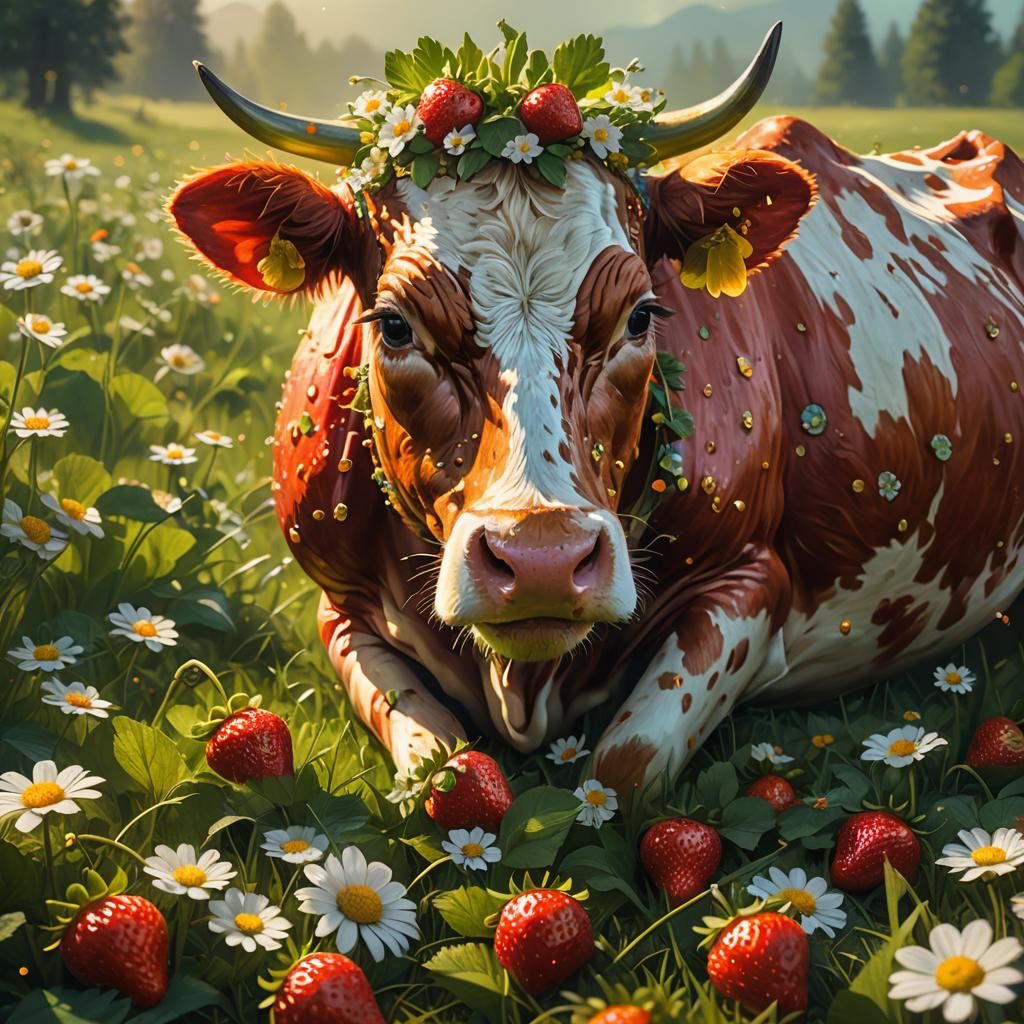 Strawberry Cow in Meadow: Vibrant Oil Painting