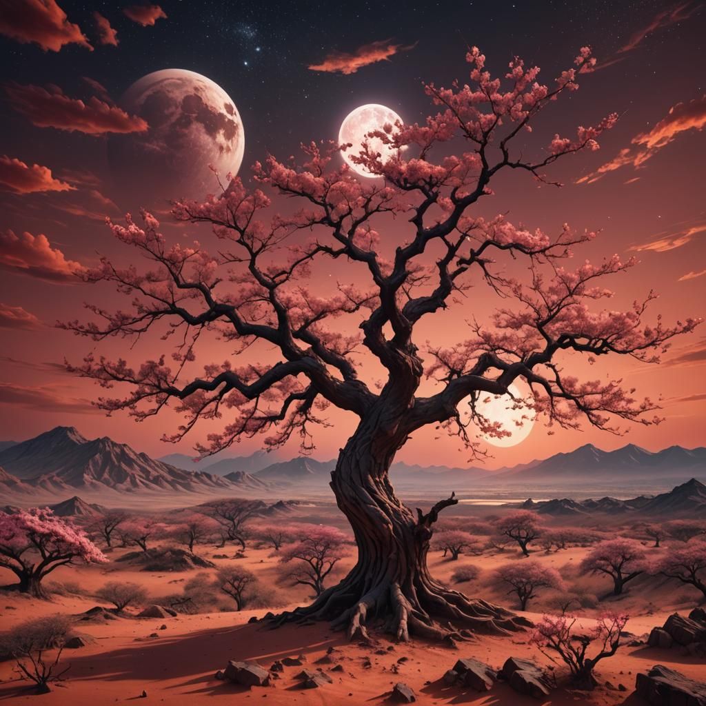 Sakura Tree in Desert Under Red Moon, Digital Painting