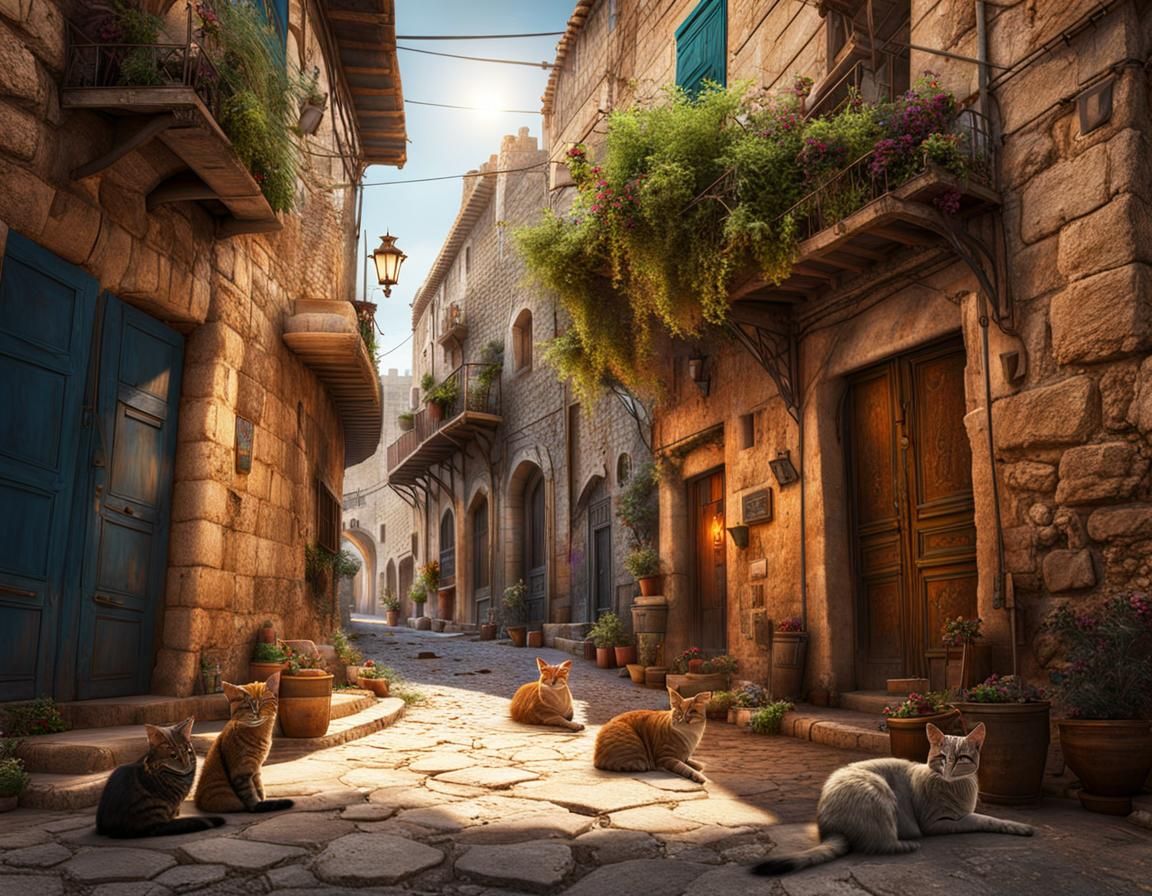 Cats Lounging in Jerusalem: Detailed Matte Painting