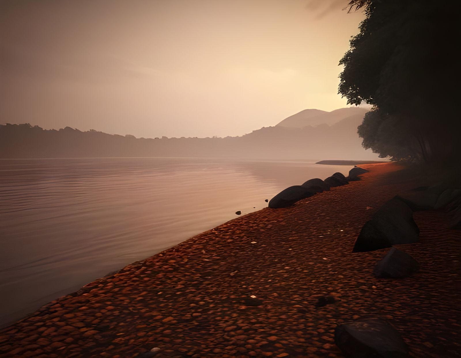 Peaceful Riverbank at Dusk: Detailed Render