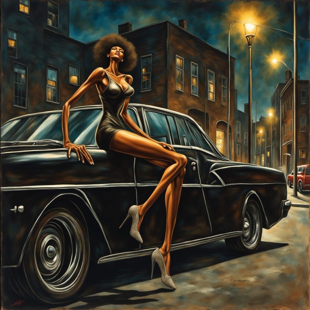 Expressionist Woman on Car in Neo-Impressionistic Oil Painti...