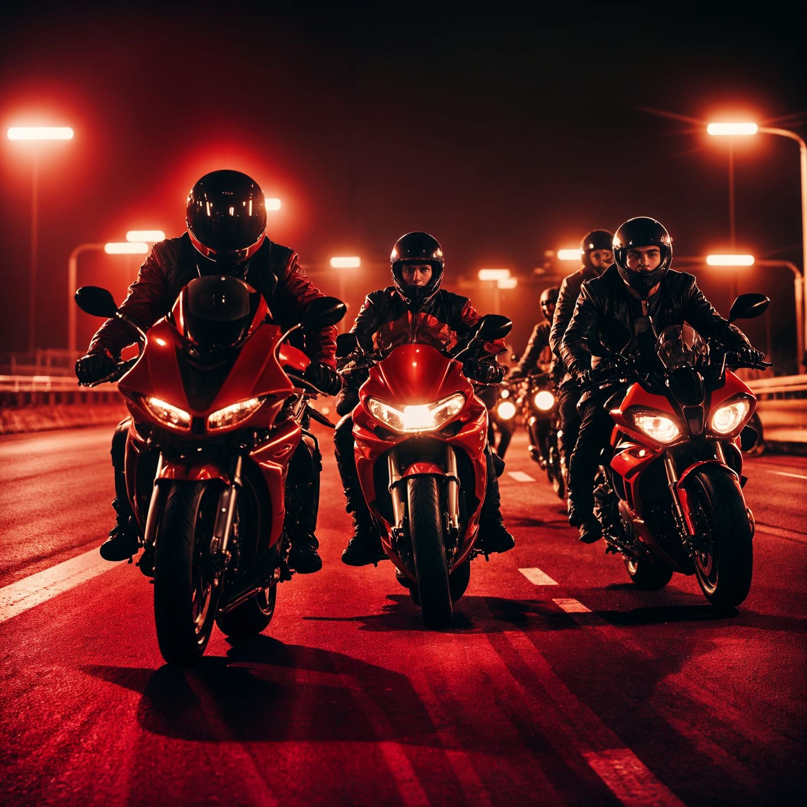 Red-Clad Bikers Ride at Night, Cinematic Film Still