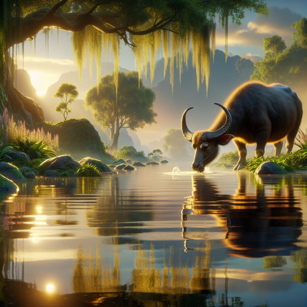 Majestic Buffalo Drinking: Matte Painting in 8K