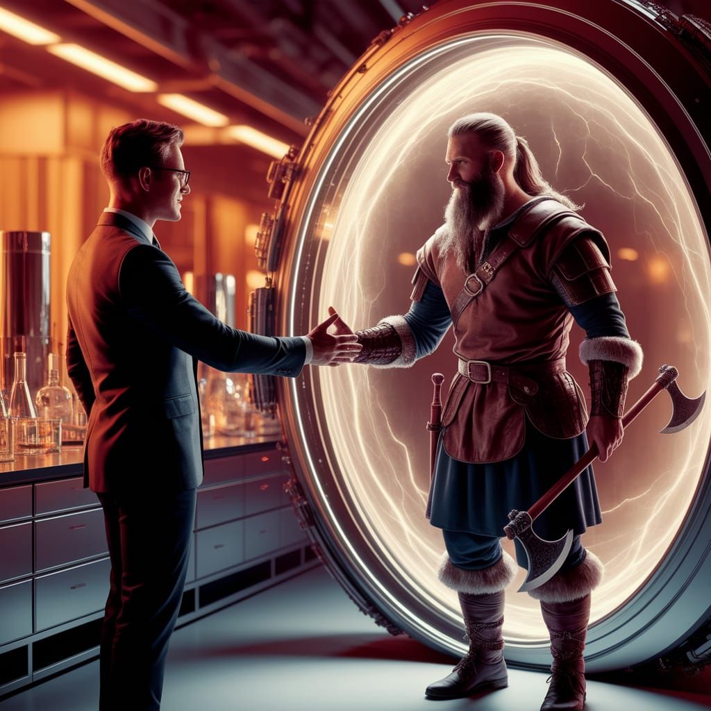 Scientist Greets Viking Through Time Portal Photograph