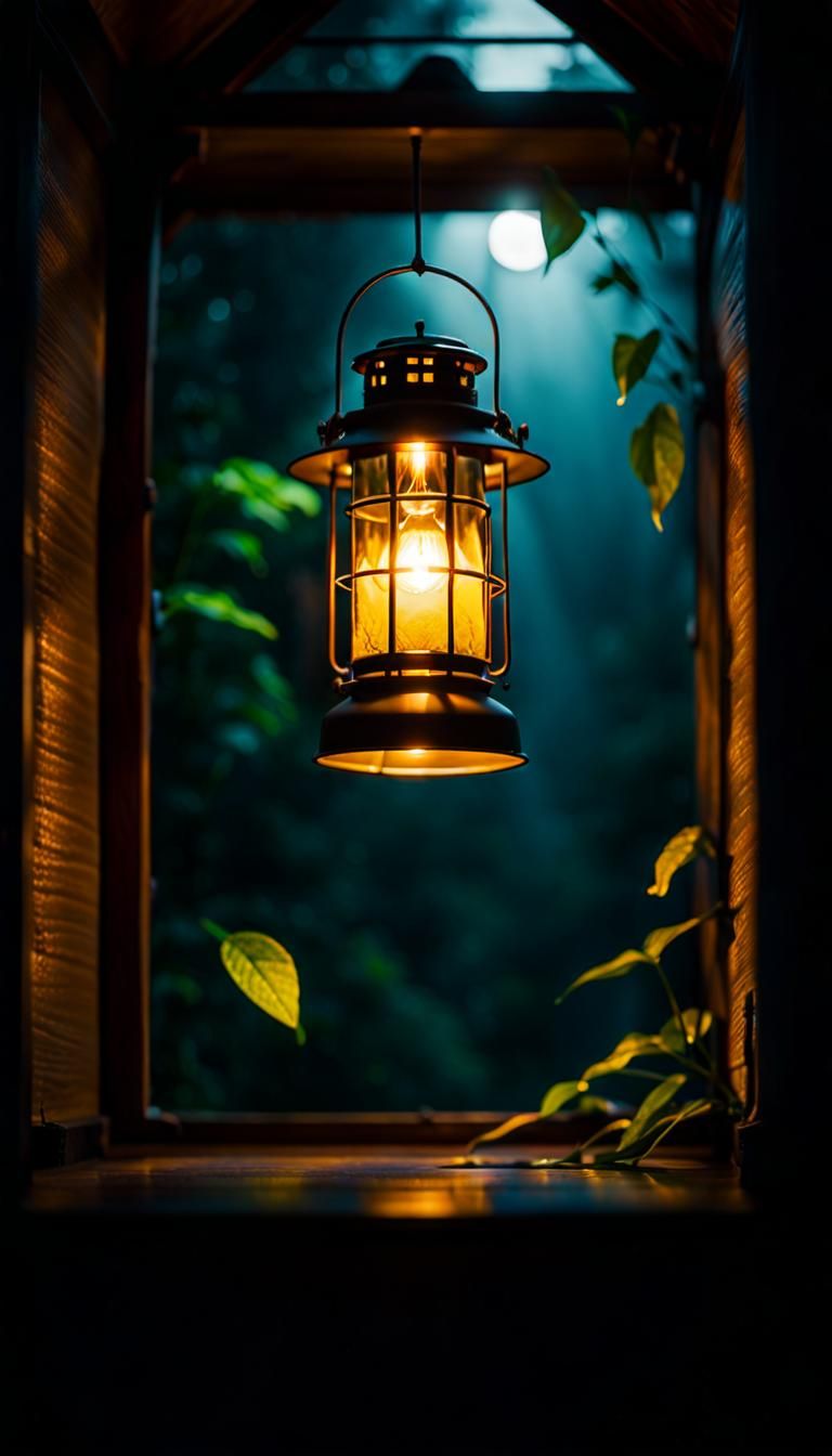 Firefly in Lantern at Night: Cinematic Still