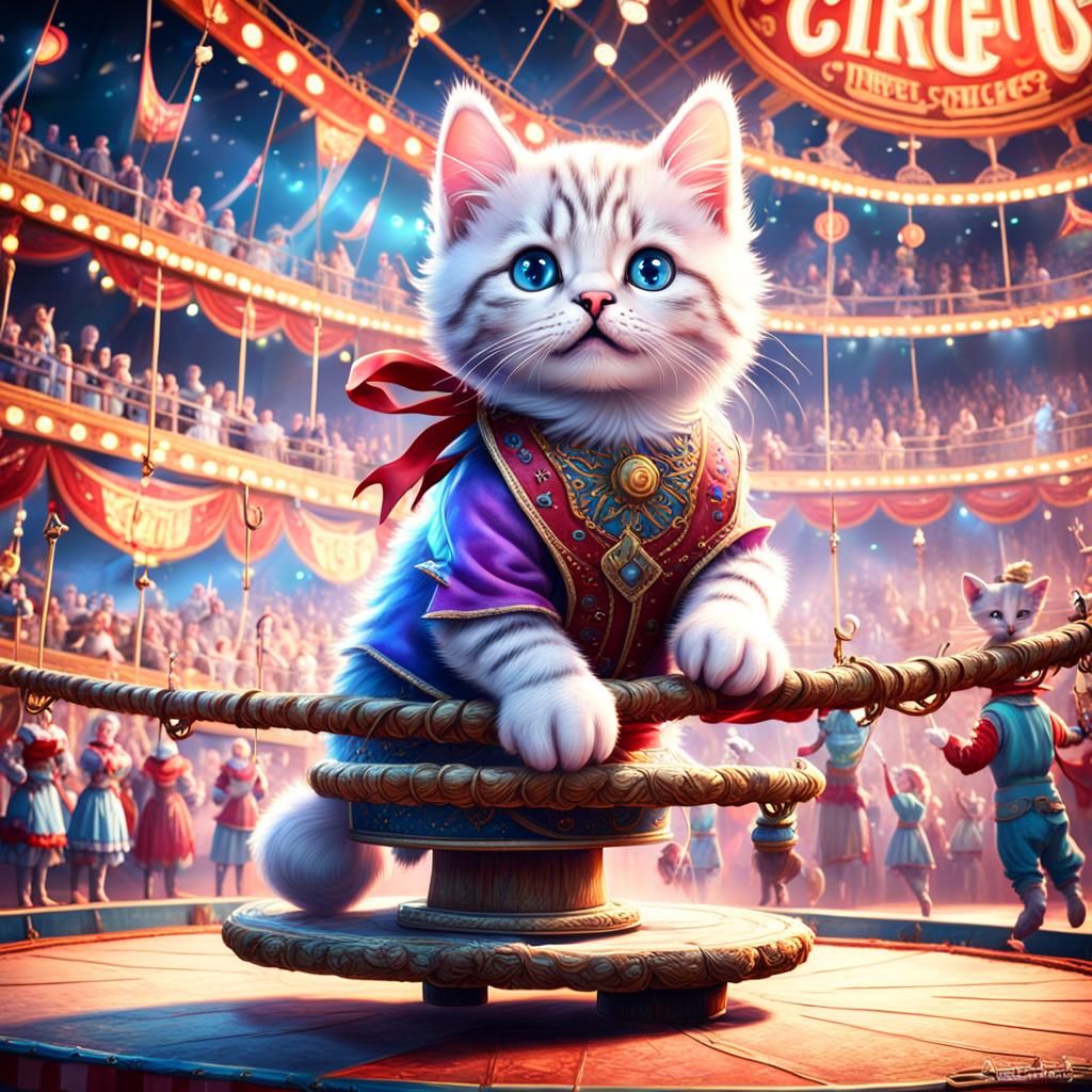 Kitten Tightrope Walker in Circus Tent