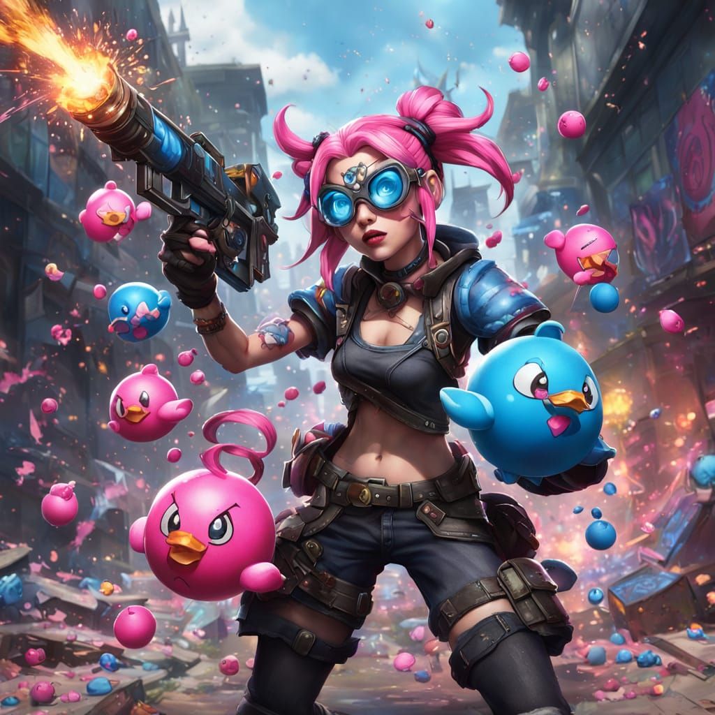 Jinx from league of legends arcane  throws graffiti painted pink and blue weapinized  
exploding  rubber ducks  grenade ...