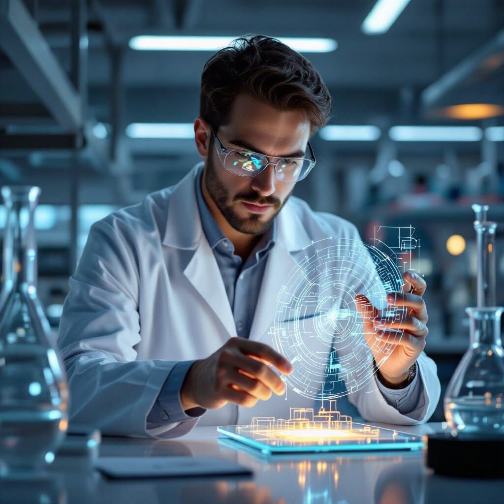 Scientist with Holographic AI in Futuristic Lab