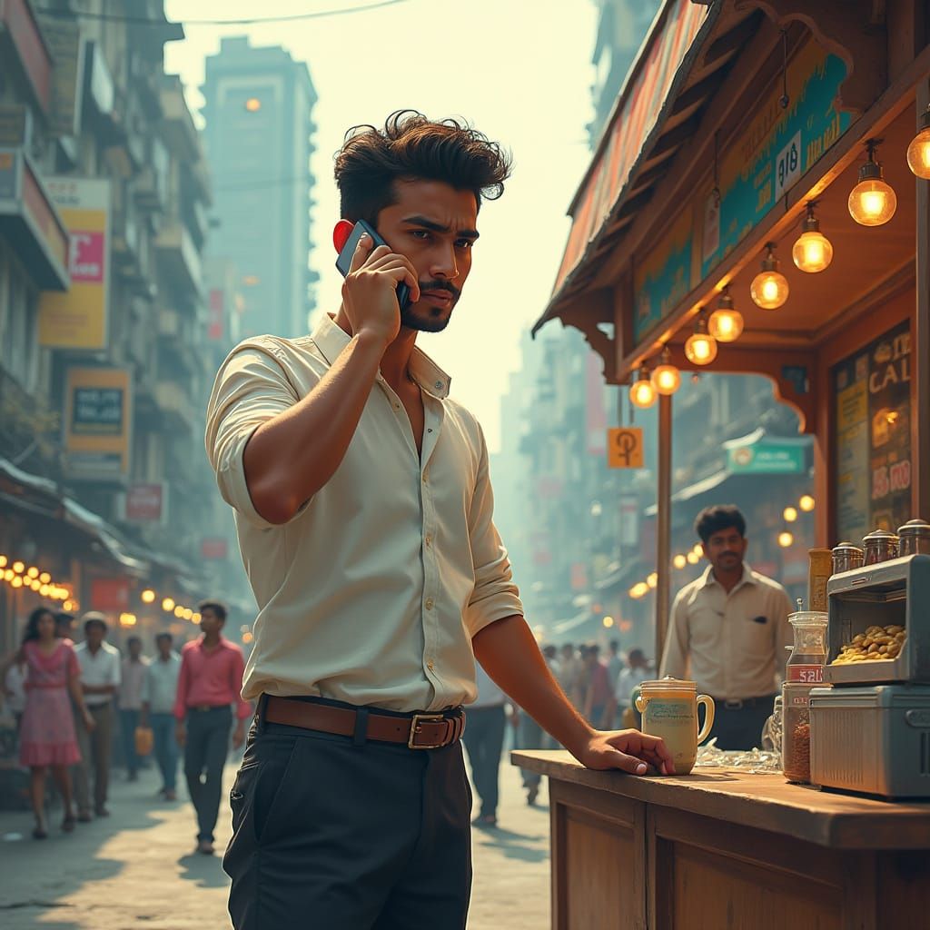 Irritated Man at Tea Stall in Contemporary Indian Style