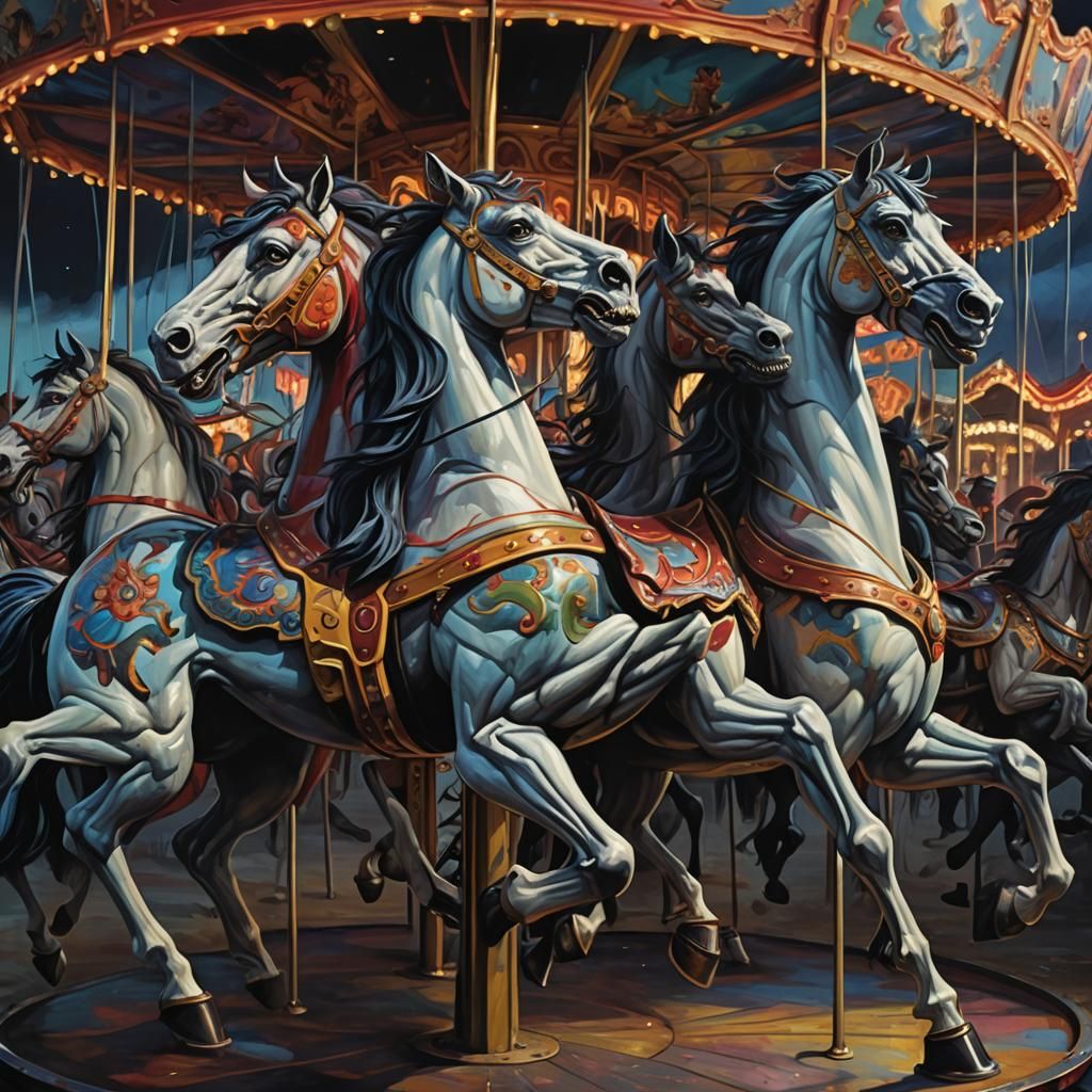 Creepy Merry-Go-Round in Abandoned Carnival at Night