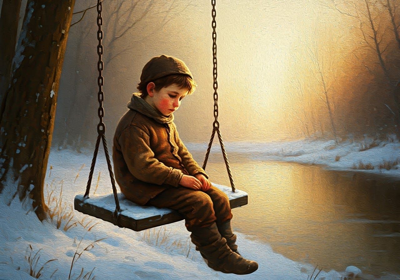 Contemplative Boy in Winter Landscape Painting