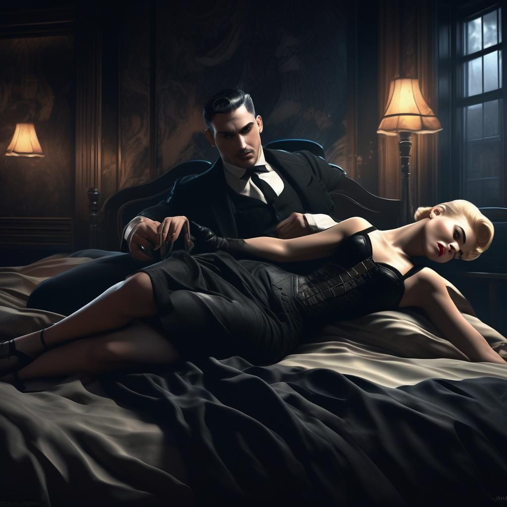 1940s Gangster Teasing Woman in Bed: Noir Art