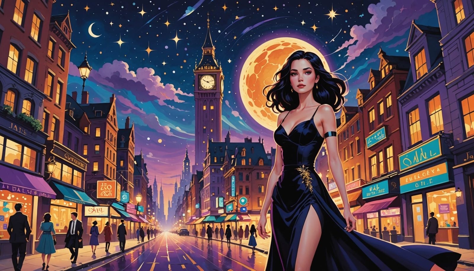 Woman in Whimsical Cartoon Cityscape