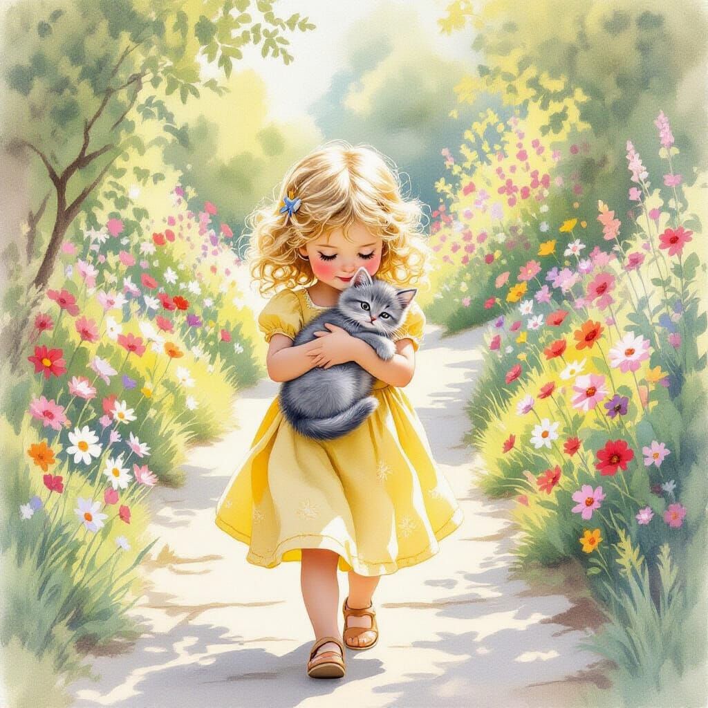 Girl with Kitten on Garden Path, Watercolor Style