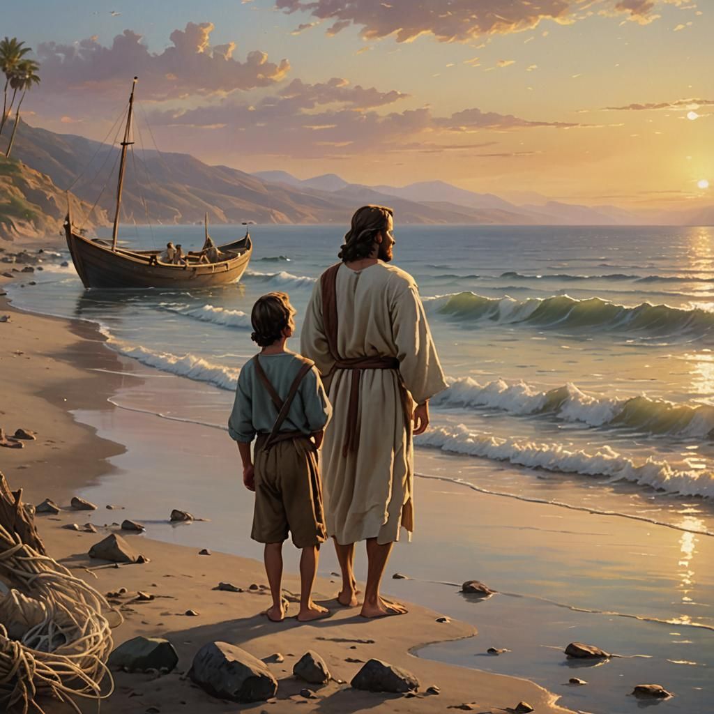 Jesus Calls Fishermen: A Thomas Kinkade-style Painting