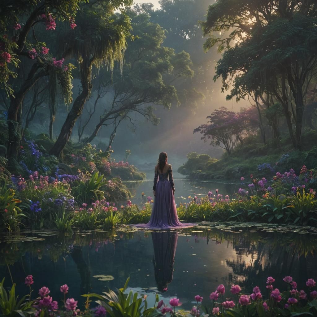 Serene Pond at Sunrise: Cinematic Digital Painting