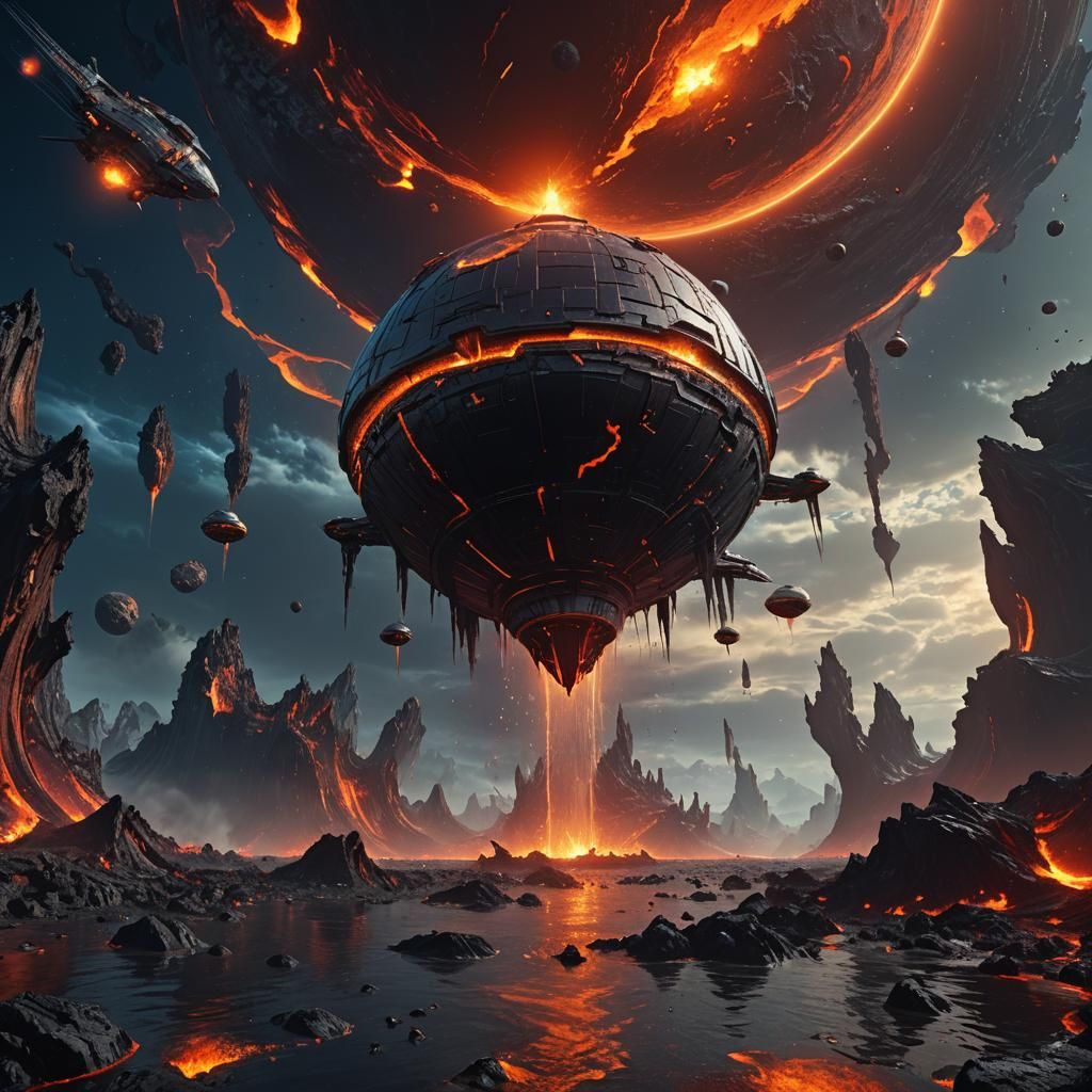 Water and Lava Planet with Spaceship