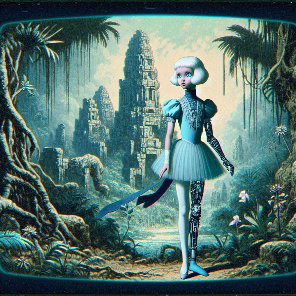 Vintage Cartoon Princess Amidst Jungle Ruins