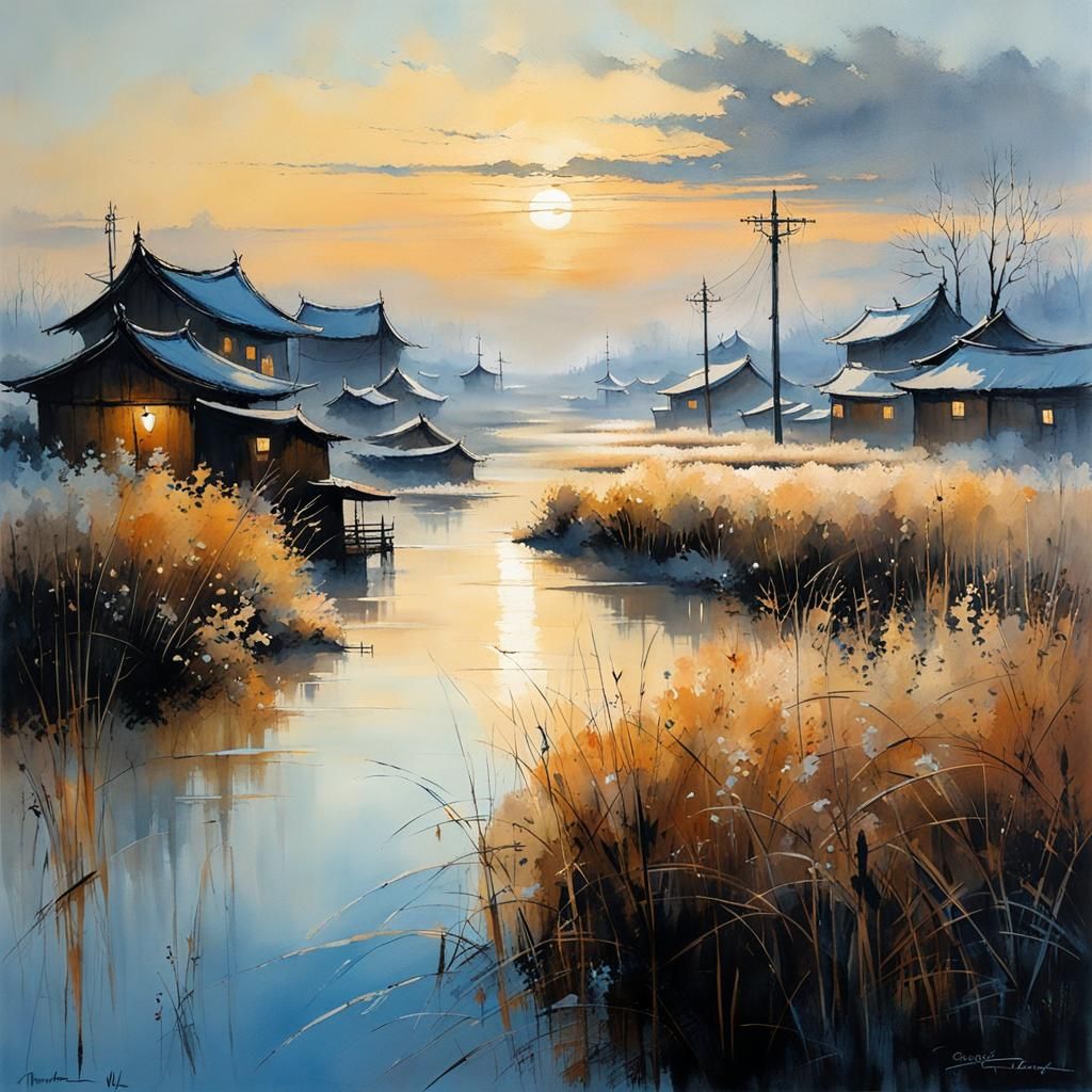 Flooded Asian Town at Winter Dawn: Watercolor Art