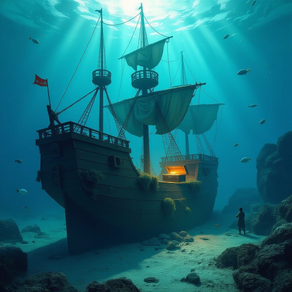 Sunken Pirate Ship with Treasure Chest on Seabed