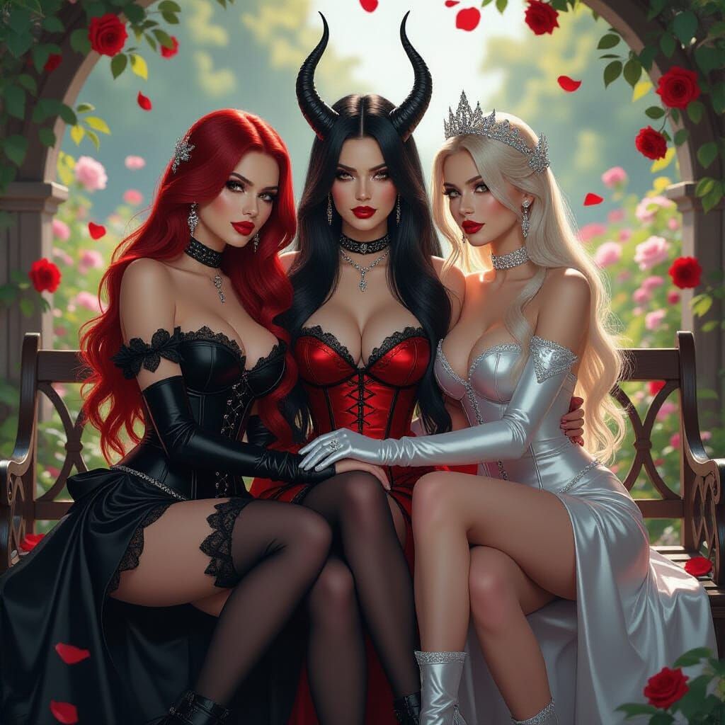 Goddesses Embrace in Lush Rose Garden, Cinematic Style