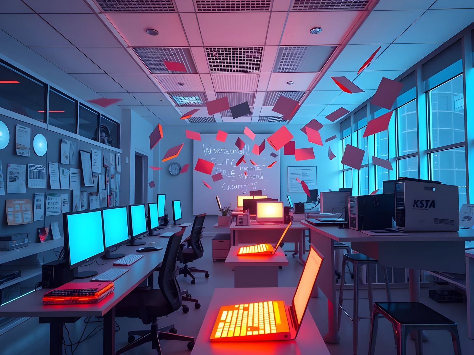 Dreamlike Corporate Realm with Levitating Documents and Radi...