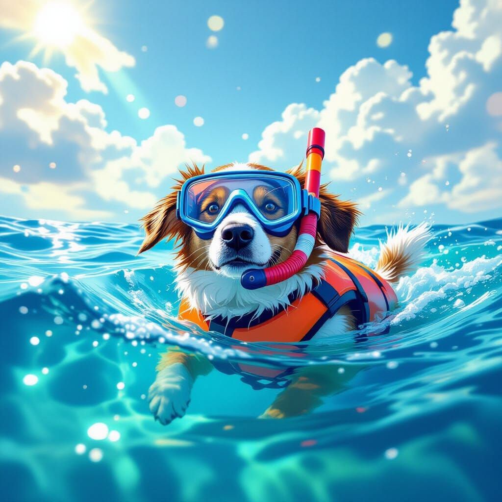 Dog Snorkeling in Ocean with Volumetric Lighting