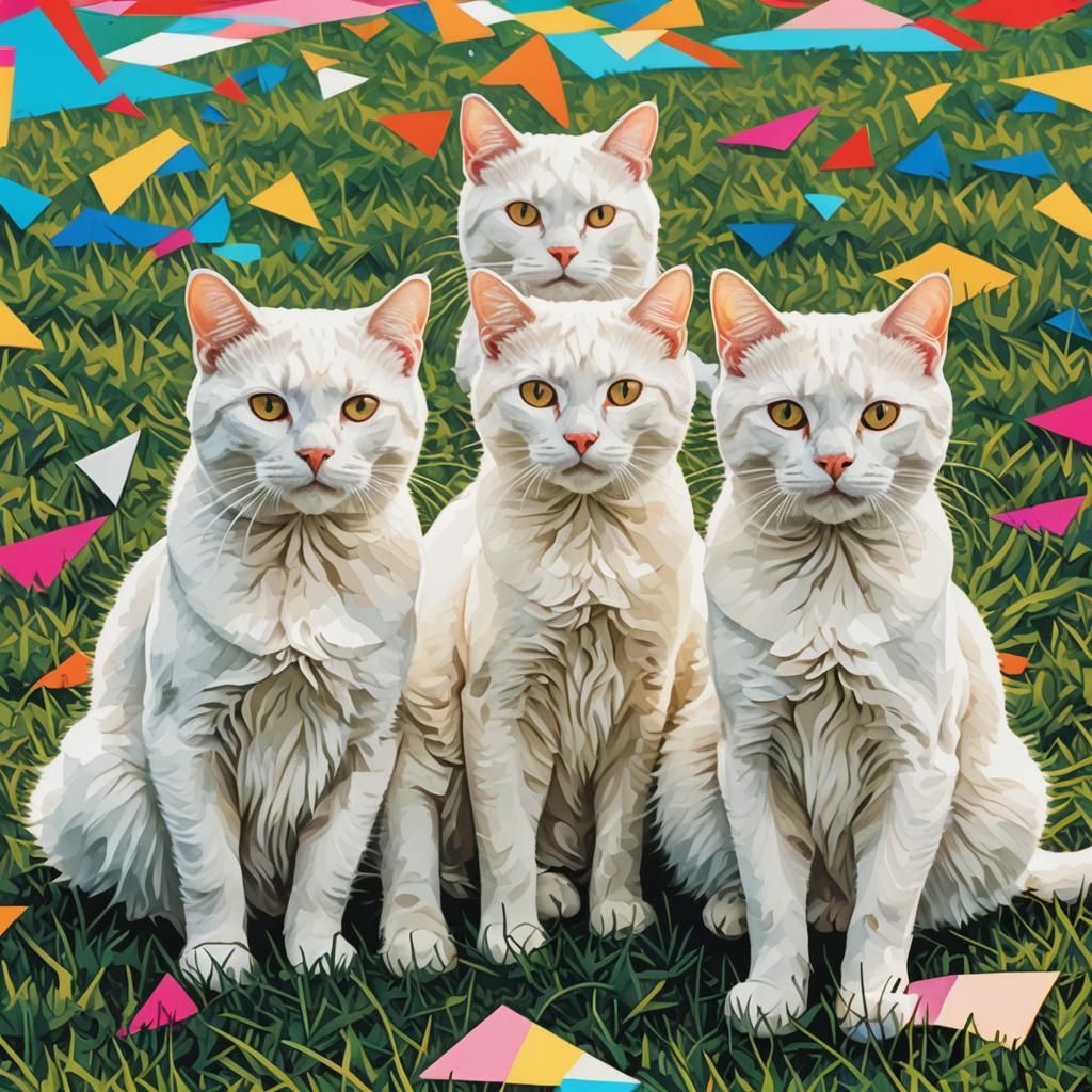 Pop Art White Cats on Lawn in Digital Art