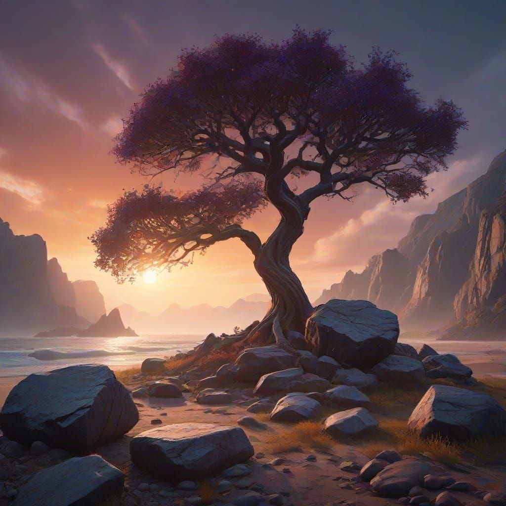 Whimsical Stone Golem Watches Stormy Sea and Celestial Displ...