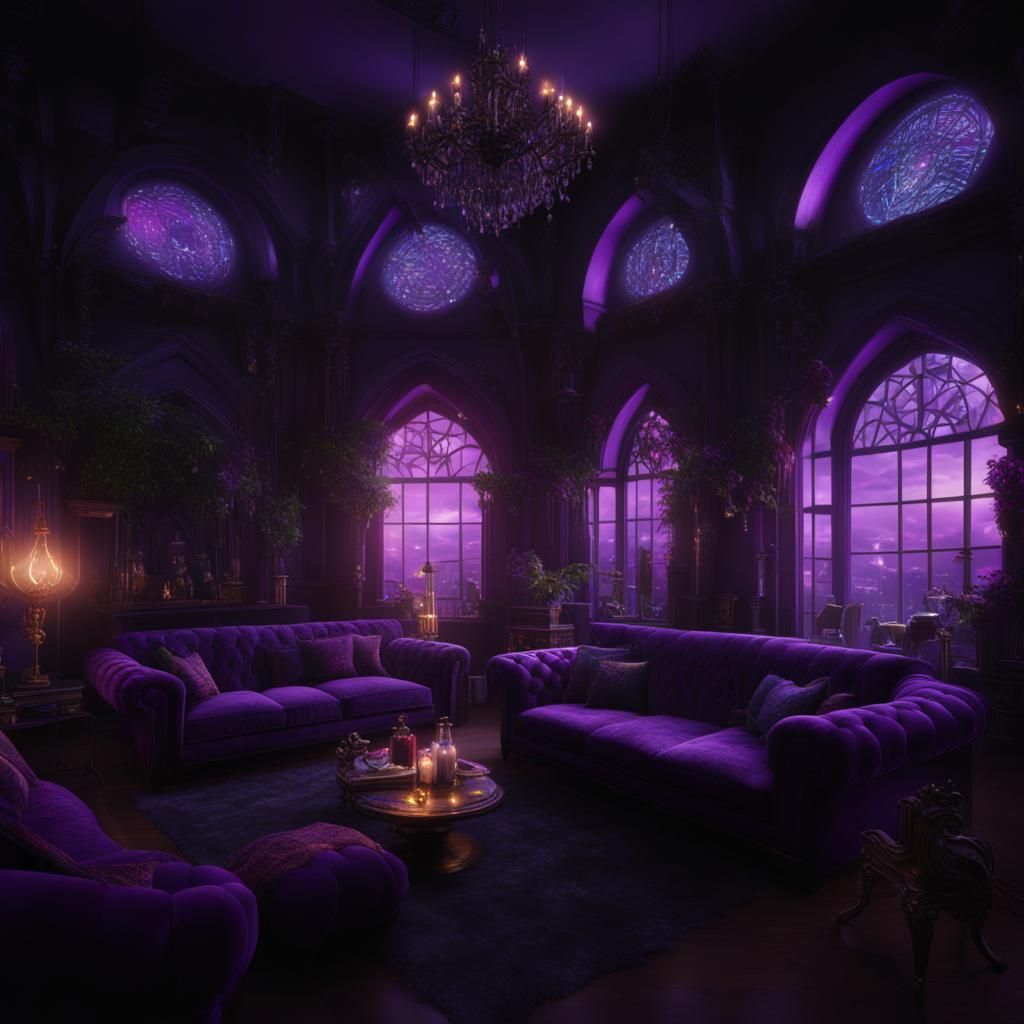 Beautiful witchy penthouse with purple walls and purple sofas and purple lights& realistic vibes& witchy vibes& gothic v...