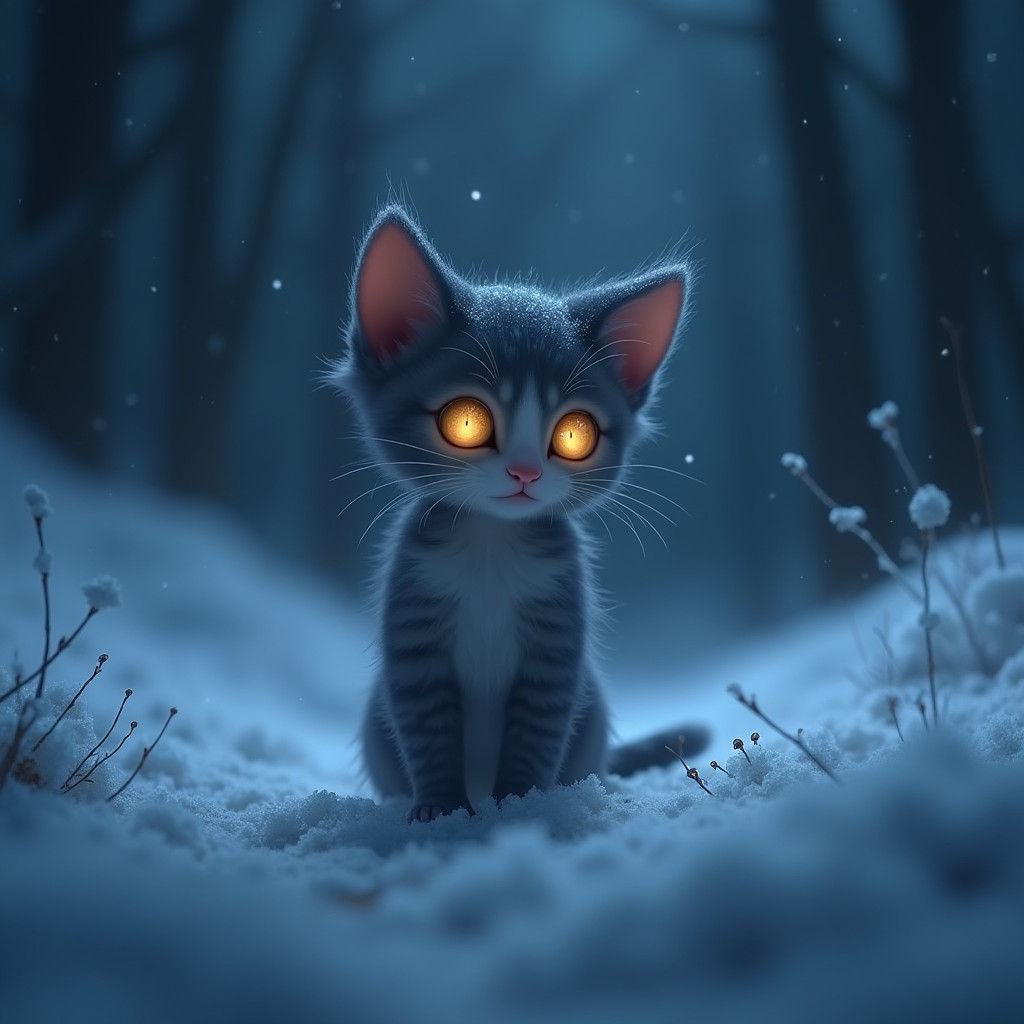 Scared Kitten Lost in Dark Snowy Landscape