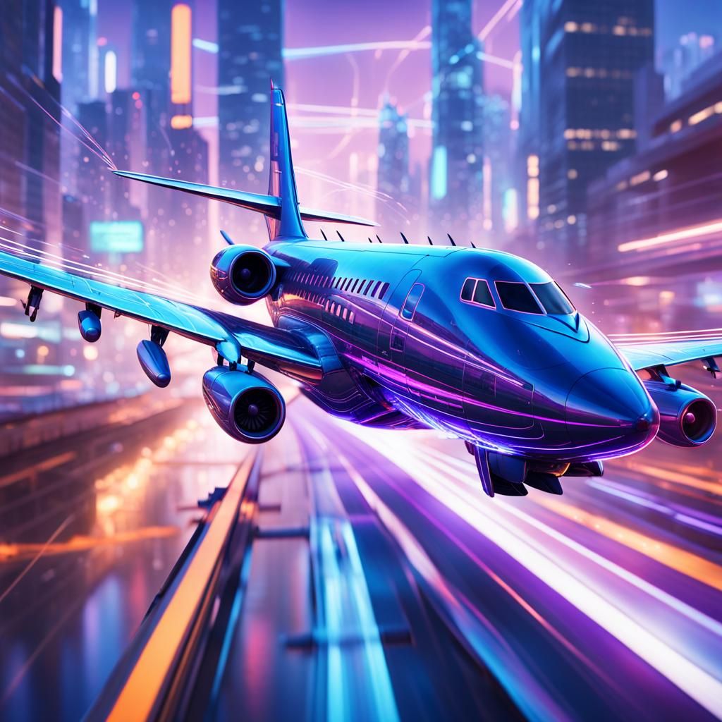 Futuristic Airplane on Rails in Neon Cityscape