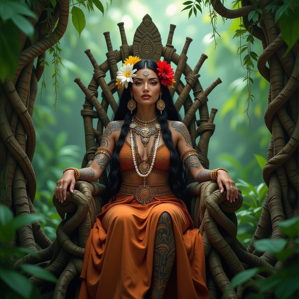 Jungle Queen on Root Throne in Art Deco Style