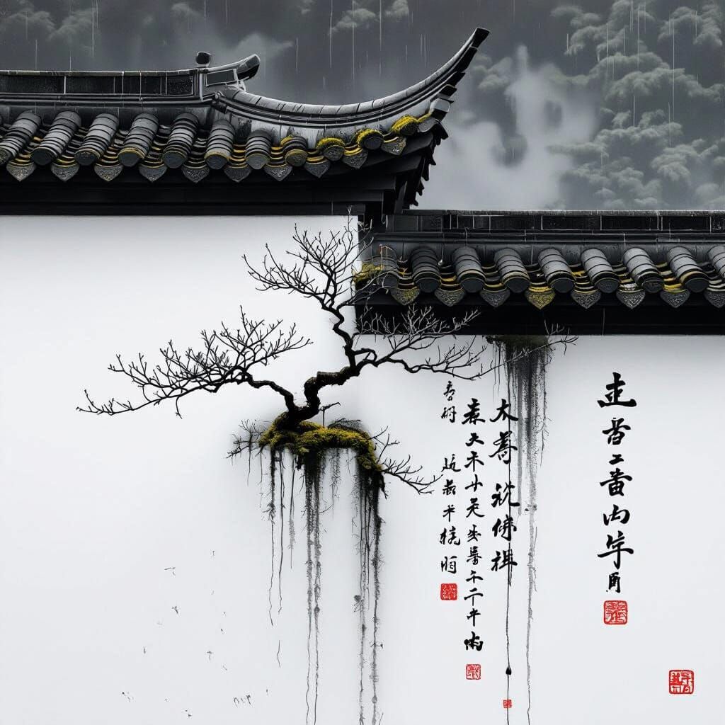 Minimalist Asian Roof with Calligraphy Rain