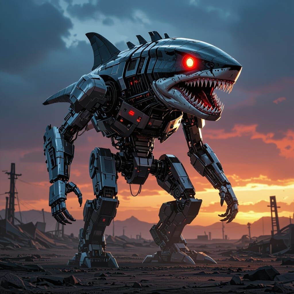 Chrome Raptor Robot With Goblin Shark Head