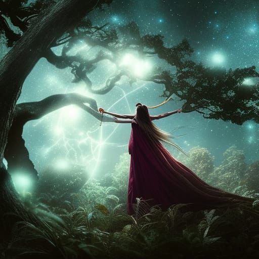 Mystic Wizard Woman in Starry Tree