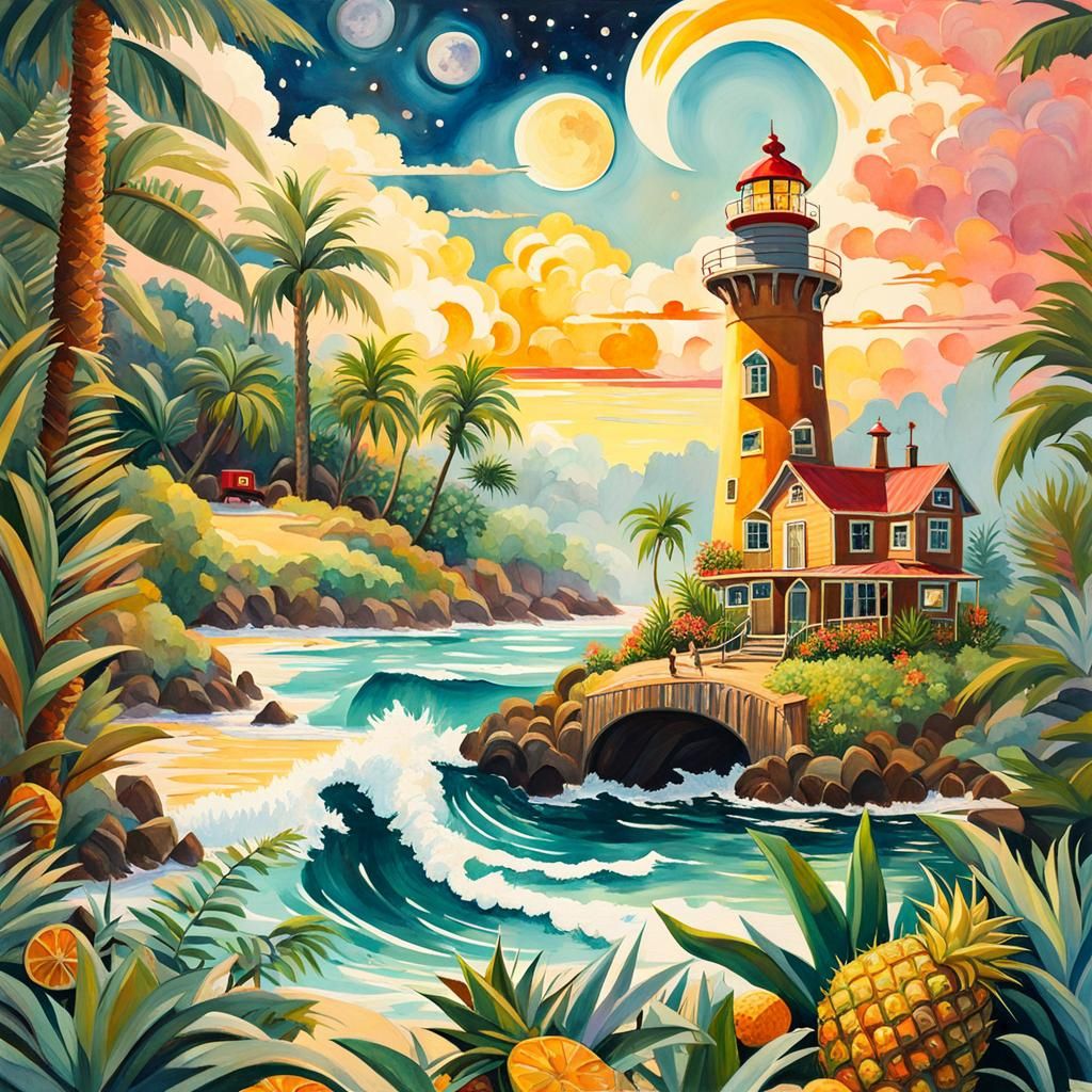 Pineapple Lighthouse and Futuristic Treehouses in Gouache St...