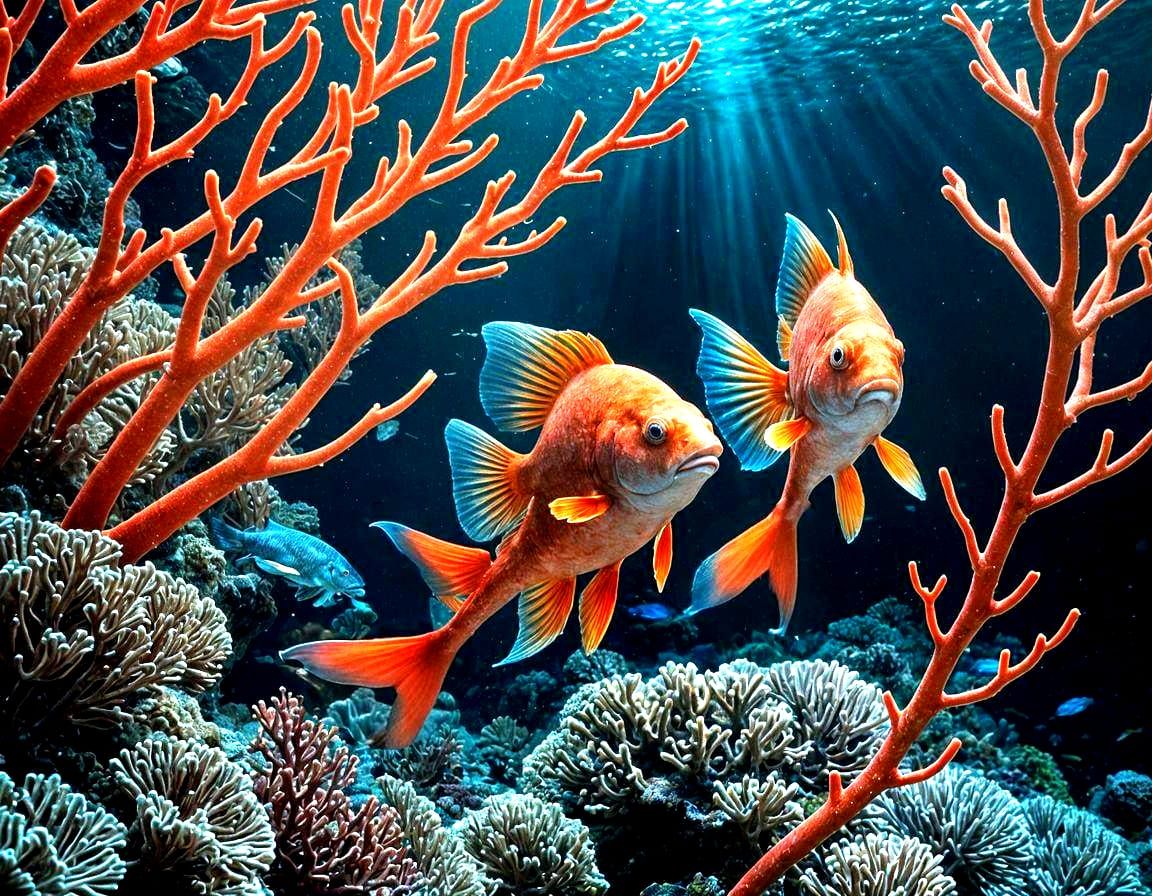 Red Fish Swim Near Fluorescent Coral Reef