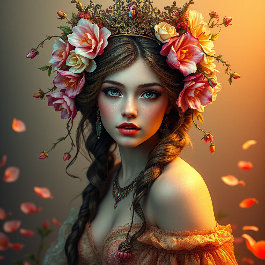 Ethereal Flower Girl Portrait in Art Nouveau Style