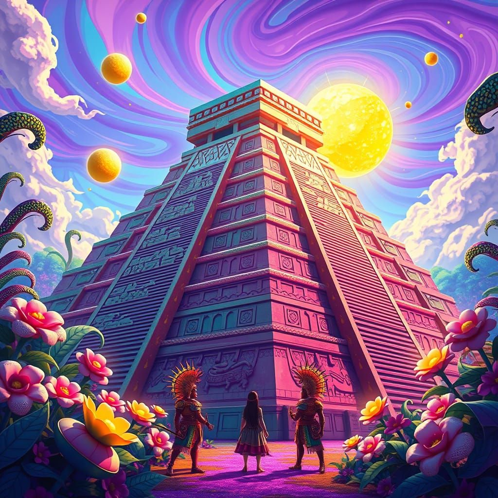 Whimsical Aztec Pyramid in a Kaleidoscopic Jungle