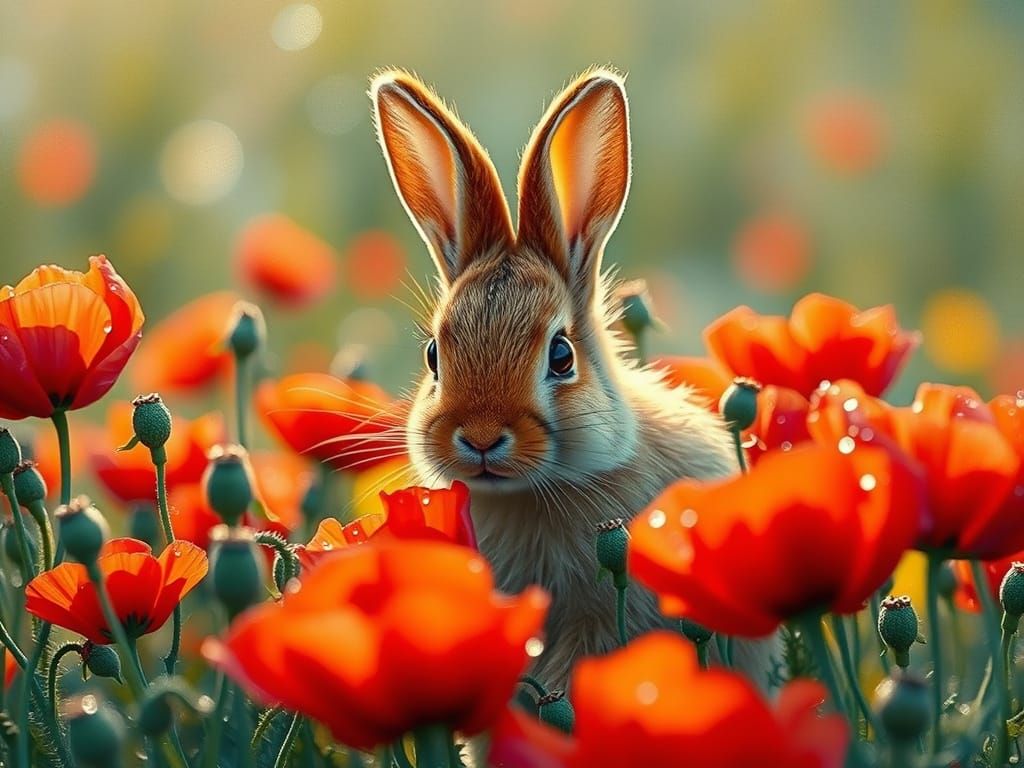 Golden Bunny in Poppies: Neo-Impressionist Oil Painting