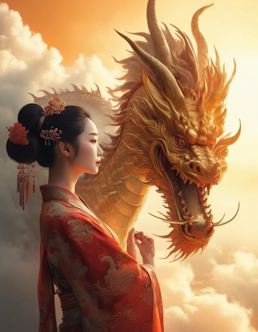 Elegant Song Dynasty Concubine with Celestial Dragon in Gold...