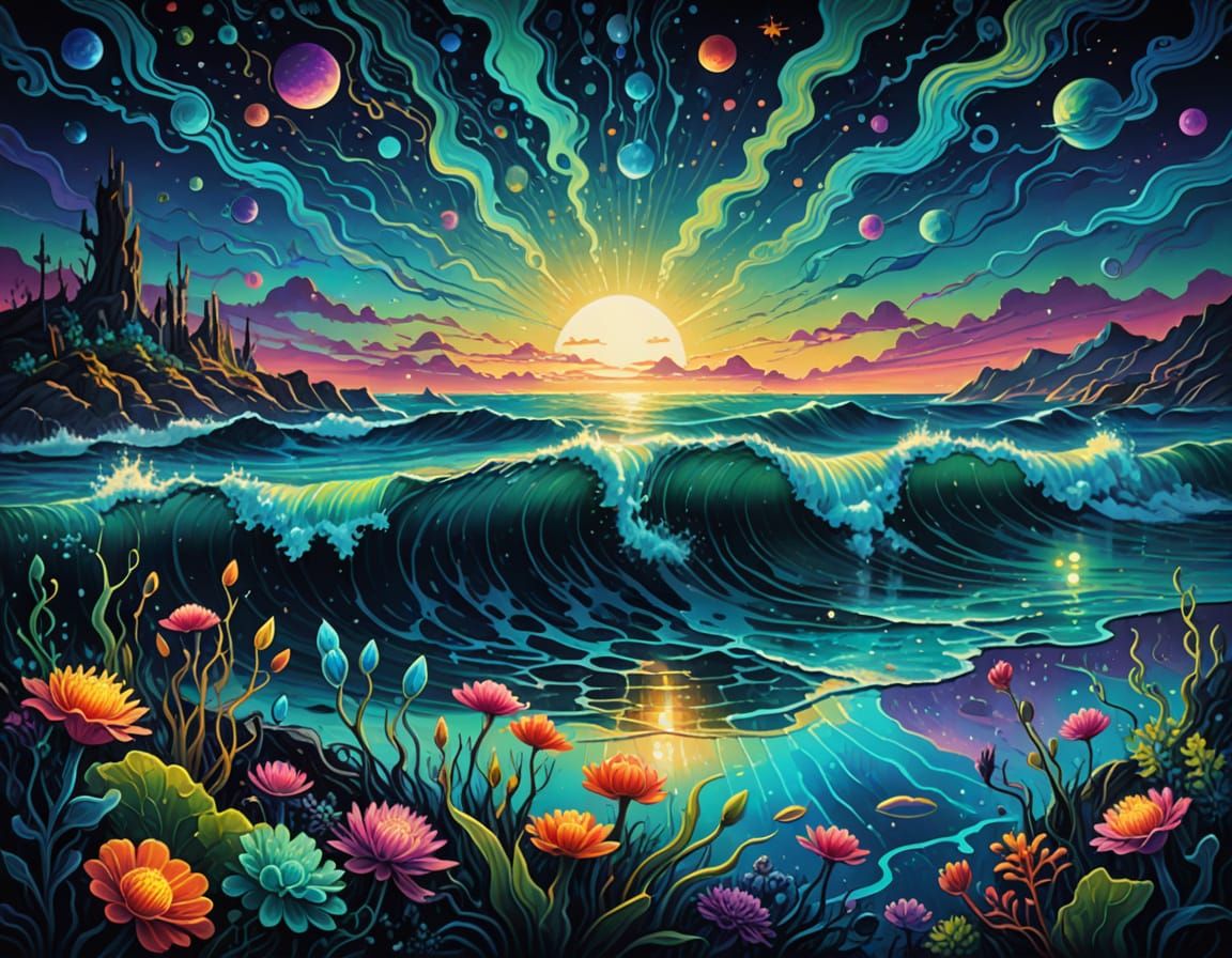 Surreal Cosmic Sea with Bioluminescent Life in Vibrant Holog...