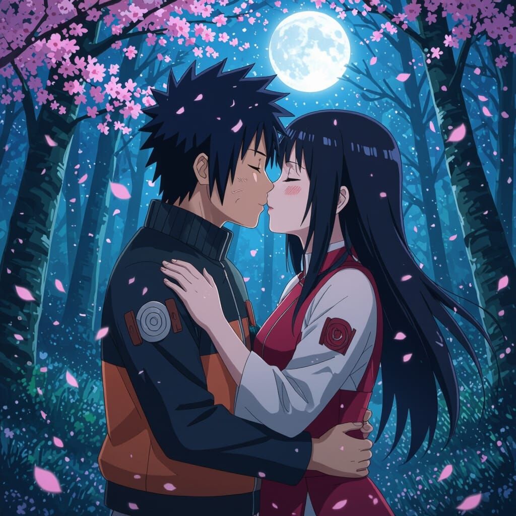 Naruto and Hinata Kiss in Moonlit Forest