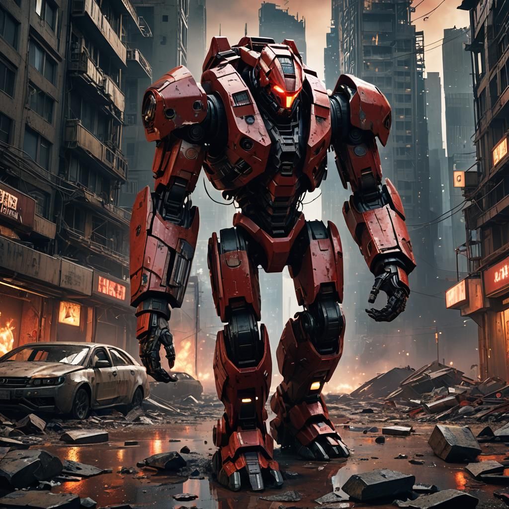 Battle-Damaged Jaeger in War-Torn City: 3D Art