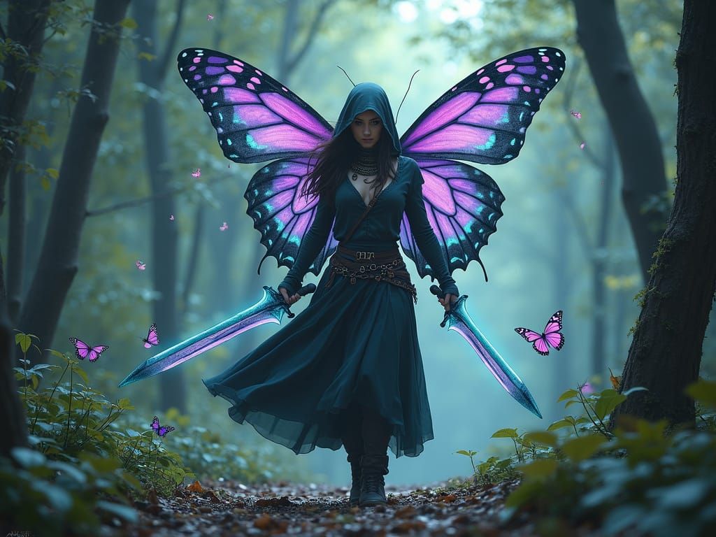 Gothic Warrior Woman Embarks into a Whimsical Forest